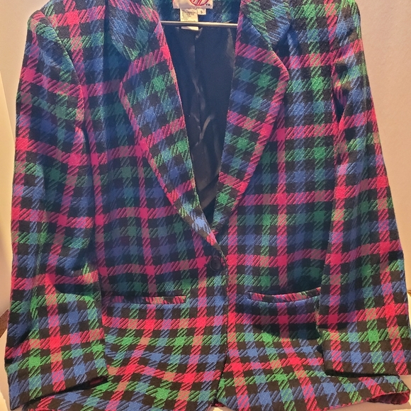 RTW Bright Multicolor Plaid Blazer Sz Sm Jacket Retro Wool Acrylic Polyester - Picture 5 of 14